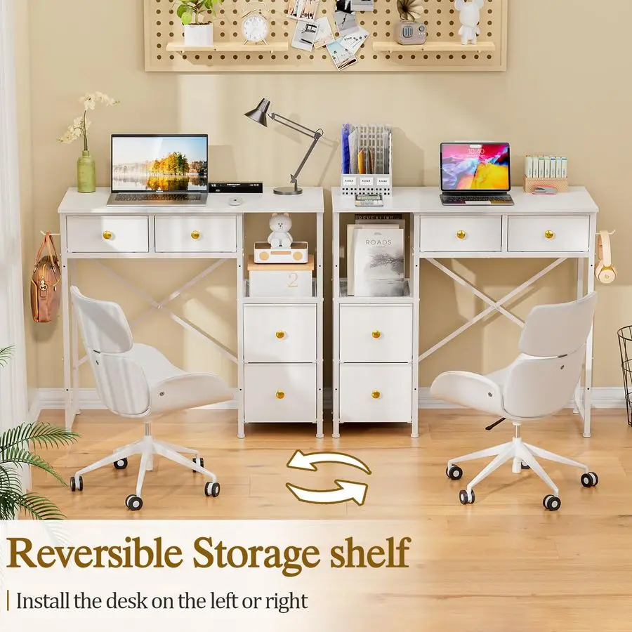 Computer Desk with 4 Fabric Drawers, Simple Writing Desk for Home Office, Compact Study Desks for Small Spaces, Kids Desk Study