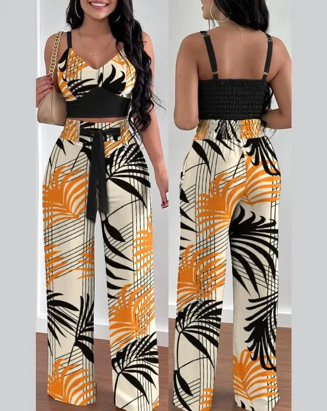 Conjunto de duas peças feminino elegante tropical impressão shirred colheita superior calças de cintura alta conjunto 2022 férias verão casual nova