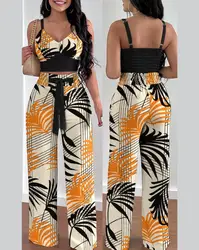 Conjunto de dos piezas para mujer, Top corto fruncido con estampado Tropical elegante, pantalones de cintura alta, informal, vacaciones de verano, nueva moda, 2022