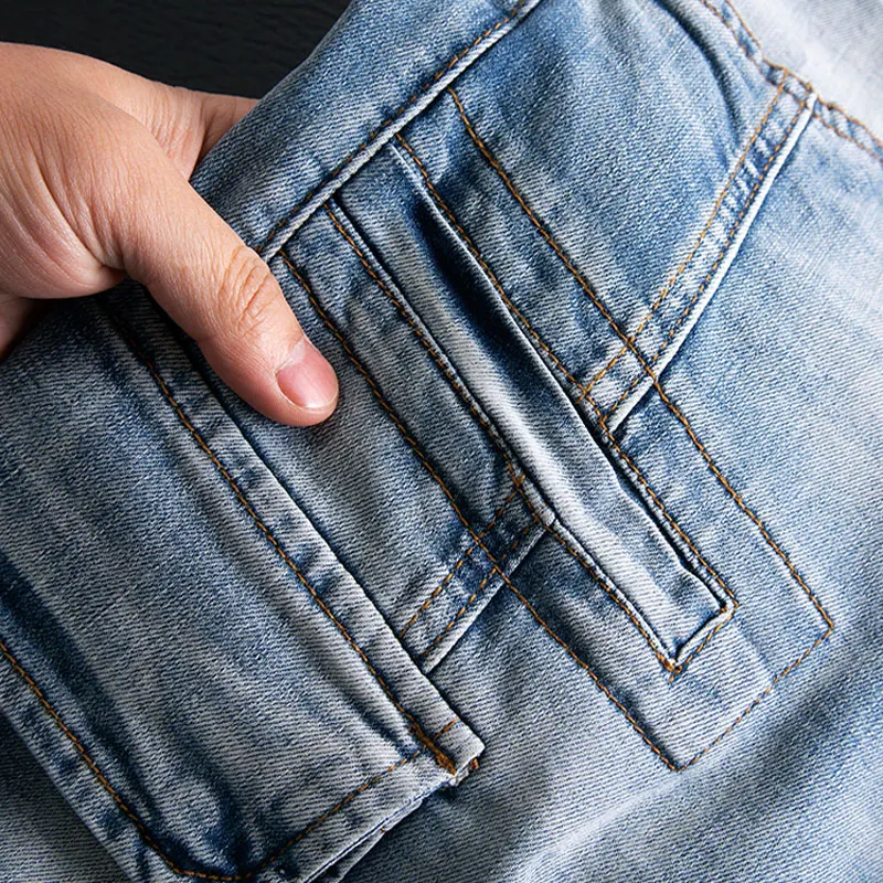 Street Fashion Men Jeans Retro Washed Blue Stretch Slim Fit Denim Cargo Pants Hombre Pocket Designer Hip Hop Biker Jeans Men