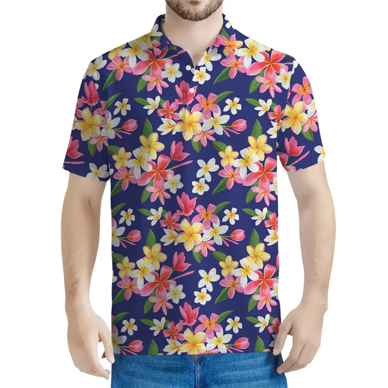 Colorful Frangipani Floral Graphic Polo Shirt Men 3D Printed Flower Short Sleeve Summer Street Loose T-shirt Button Tee Shirts