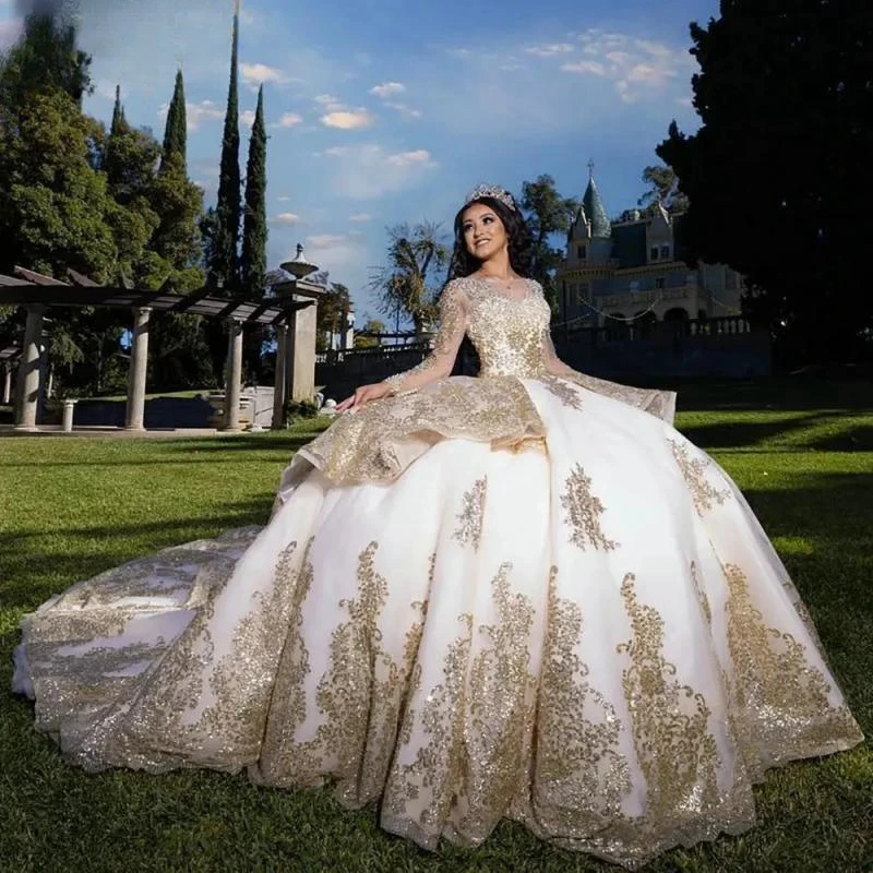 

Luxury Princess Ruffles Ball Gown Quinceanera Dresses Long Sleeve Sequined Appliques Lace Corset Vestidos De 15 Años