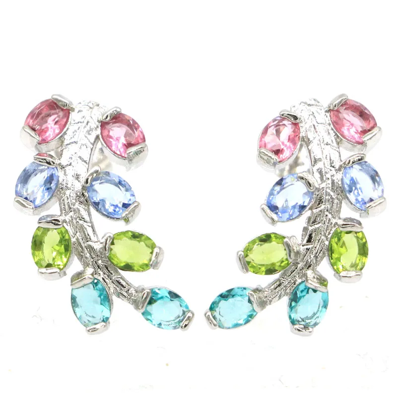 

21x11mm Multi Color Aquamarine Peridot Violet Tanzanite Pink Morganite Wedding Silver Earrings