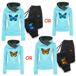 2024 New Autumn Winter Womens Tracksuit Butterfly Printing Hooded Sweatshirt Jogging Casual Clothing Warm Daily Commuting Tops