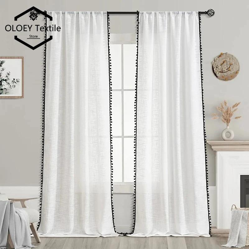 

Cute Pom Pom Tassels Sheer Curtains for Bedroom Living Room Garland Curtain Window Tulle Curtain Treatments Custom Size