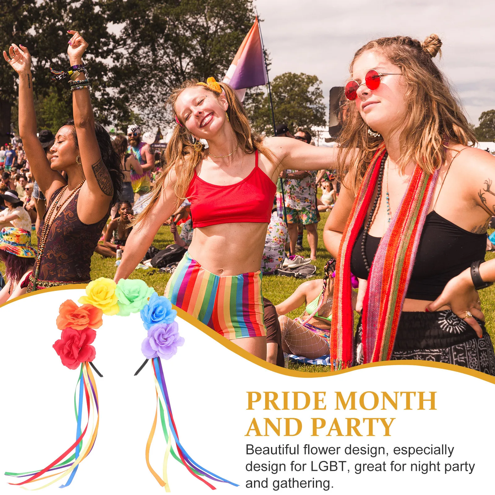 

Flower Headband Pride Month Rainbow Rose Floral Headdress Party Photo Props Decorative Hair Hoop Women Girls Pride Event