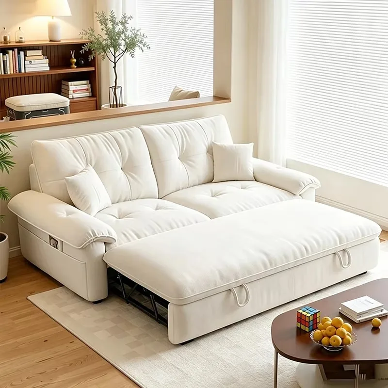3-in-1 Creamy White Full-open Sofa Bed Latest Modern Washable Fabric Pull Out Sofa Bed Living Room Sofa Bed with Removable Cover