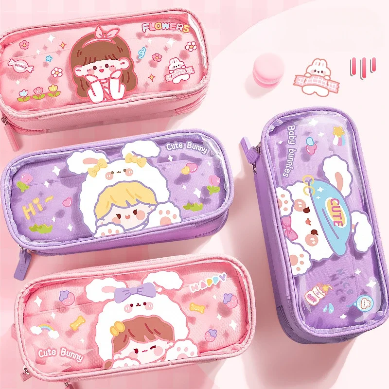 Three-layer Large-capacity Transparent Pencil Case Cute Print Wear-resistant Waterproof Pupil Stationery Storage Box