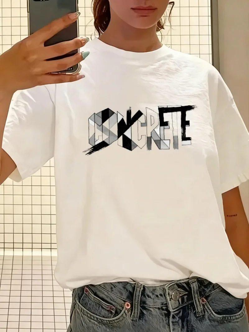 

Женский свободный хлопковый топ с короткими рукавами и принтом с геометрическим абстрактным рисунком «CONCRITE», подходит для весенне-летних стилей
