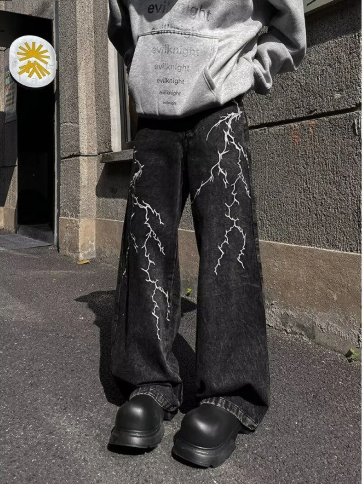 

Retro American Design Lightning Embroidery Jeans Men's Autumn Winter Straight Casual Pants High Street Trend Denim Jeans
