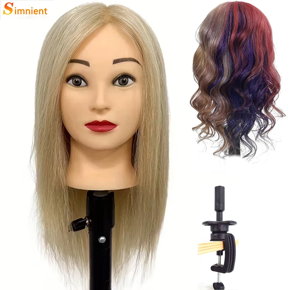 

100% Real Human Hair Cosmetology Mannequin Head With Clamp Holder DIY Hairdressing Training Braiding Doll Heads Set for Girls