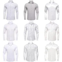 Hi-Tie Men's Silk Shirt Spring Autumn Long Sleeve Turndown-Collar Dress Shirt Business Formal Party Wedding Grey Silvery White