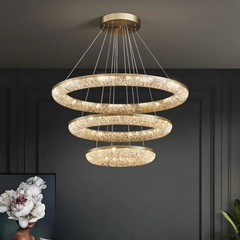 All copper resin chandelier, light luxury circle Nordic chandelier, modern simple light guide luminous ring living room