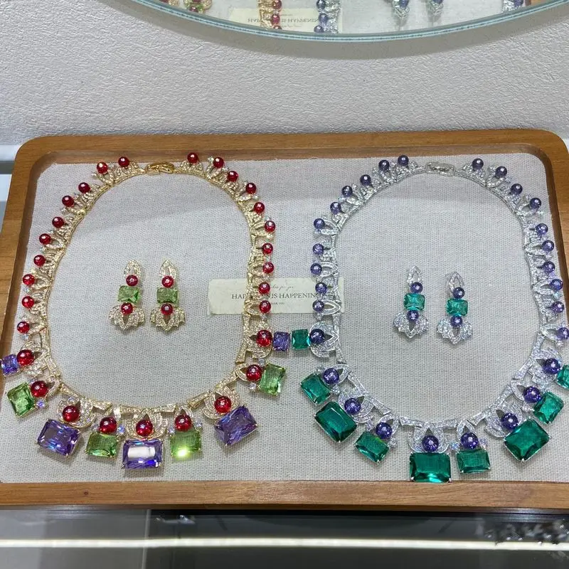 Women Fashion Mixed Color Square Stone Jewelry Set Sparkling Red Bead And Cubic Zirconia Necklace Earring Set Daily Jewelry