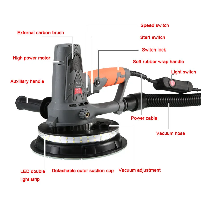 Wall Sander Electric With Lamp Self-cleaning Sandpaper Machine Putty Wall Sander Wall Sander