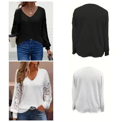 Women's Plus Size 1XL-5XL  Casual Comfortable Loose T-shirt Ladies Fashion Solid Contrast Lace Lantern Sleeve V Neck Top