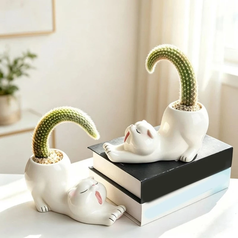 Ceramic Flower Pot with Stretching Figure Design, Tabletop Plant Holder for Desk, Shelf, Windowsill and Indoor Home Use B03E