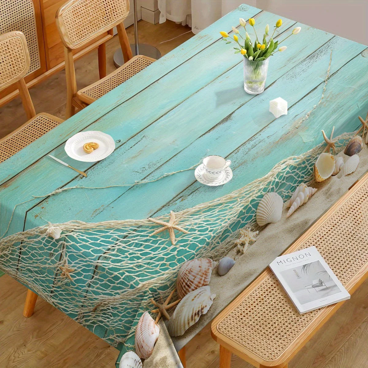 One beach-themed tablecloth - turquoise woodboard design with shell patterns, machine washable nylon blendzyc