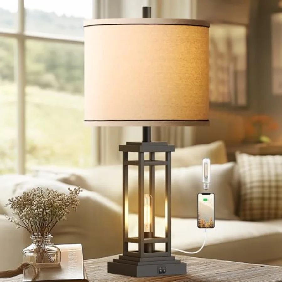 

27.5 Tall Farmhouse Table Lamp with USB C + USB A Charge Ports, Rustic Living Room Lamp, Industrial End Table Lamp for Bedroom