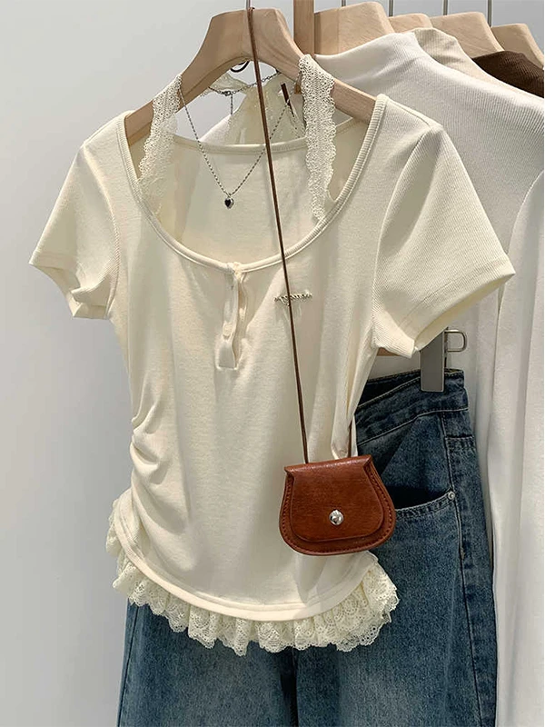 스파이시 걸 레이스 패치워크 오르트 스페이 티셔츠 여성 여름 네이징 벨트 디자인 슬리밍 탑 한국 스타일 출퇴근룩