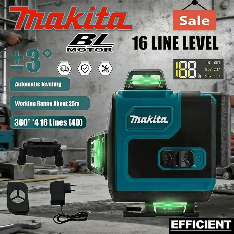 Niveau laser vert Makita 360° horizontal et vertical à 16 lignes, haute précision, outil portable mural