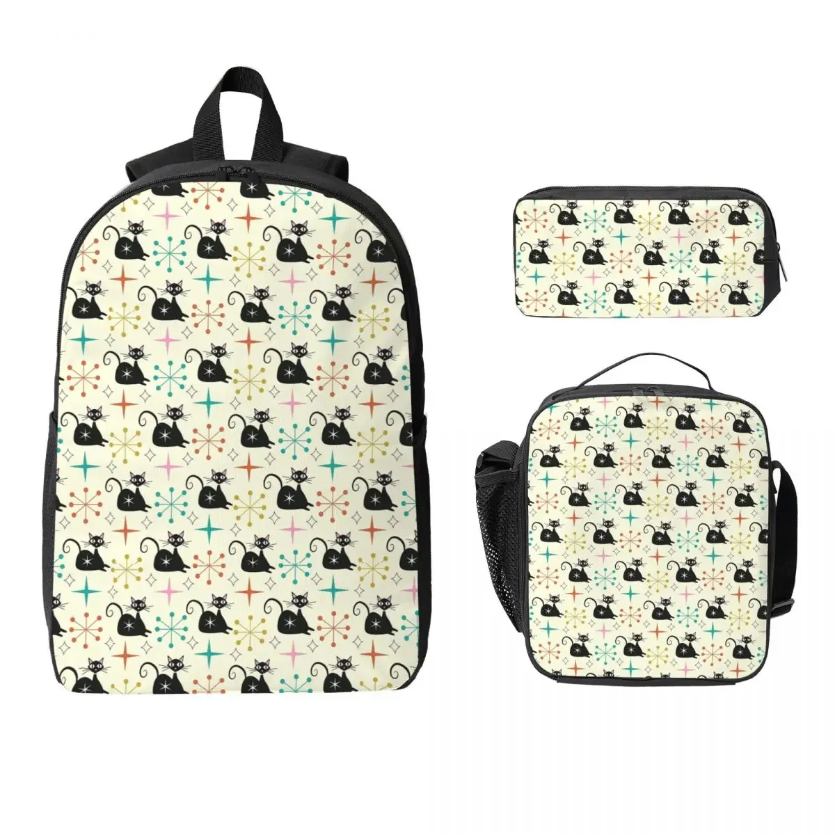 Mid Century Black Atomic Cat With Starbursts Backpack BookBag School Bag Shoulder Bags 3ps Insulated Lunch Bag Pencil Case