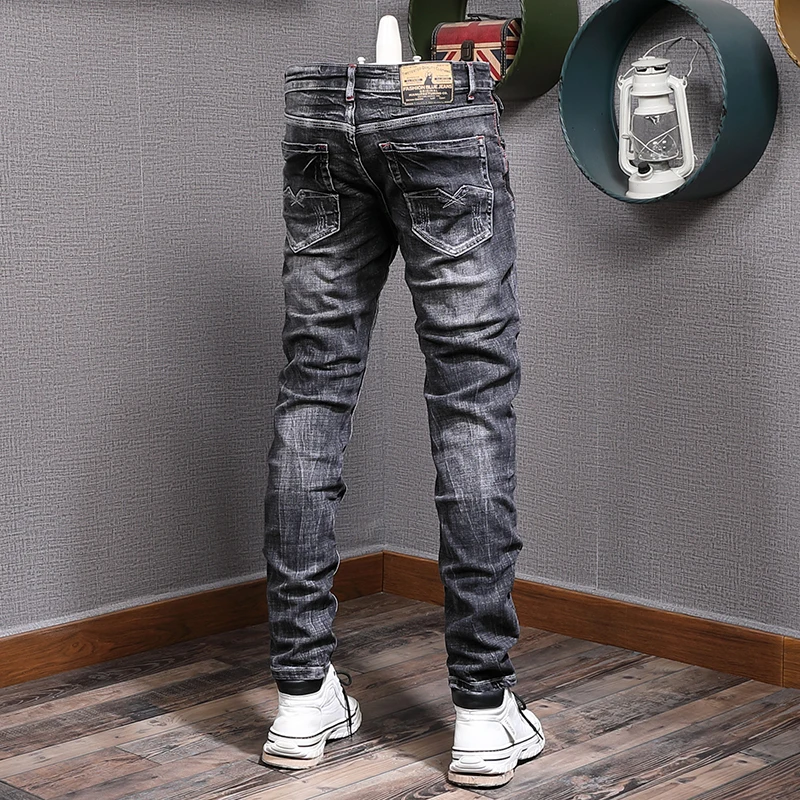 Italian Style Fashion Men Jeans Retro Black Gray Slim Fit Ripped Jean Men Stretch Trousers Vintage Designer Casual Denim Pants