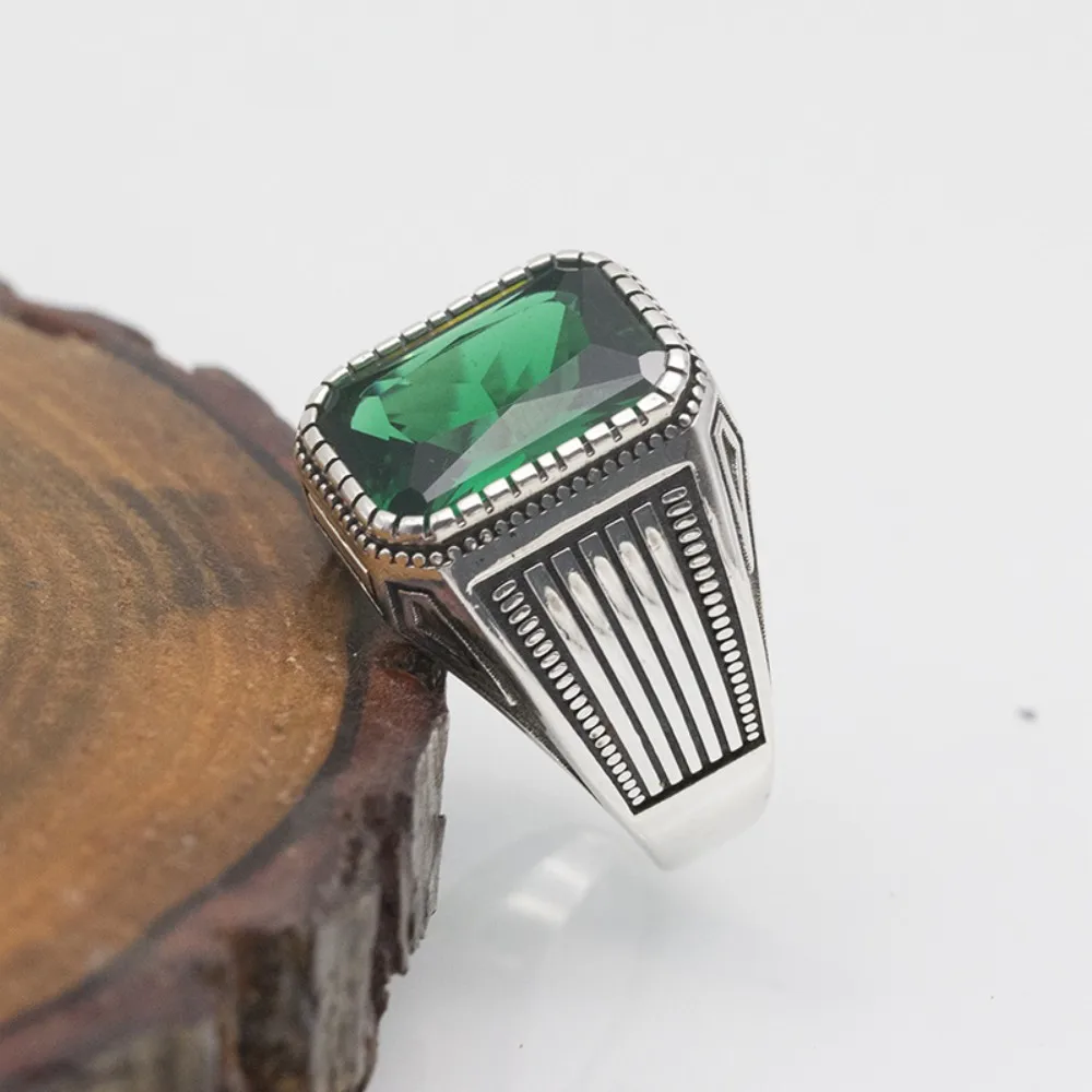 Wholesale Men Silver Rings 925 Sterling Silver Vintage Green CZ Stone Ottoman Handmade Statement Men Wedding Ring