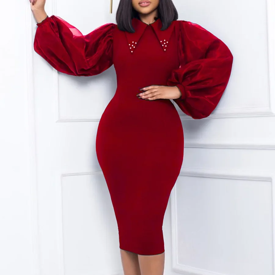 African Dresses for Women Spring African Women Long Sleeve Red Green Dark Blue Polyester Knee-length Dress African Clothes