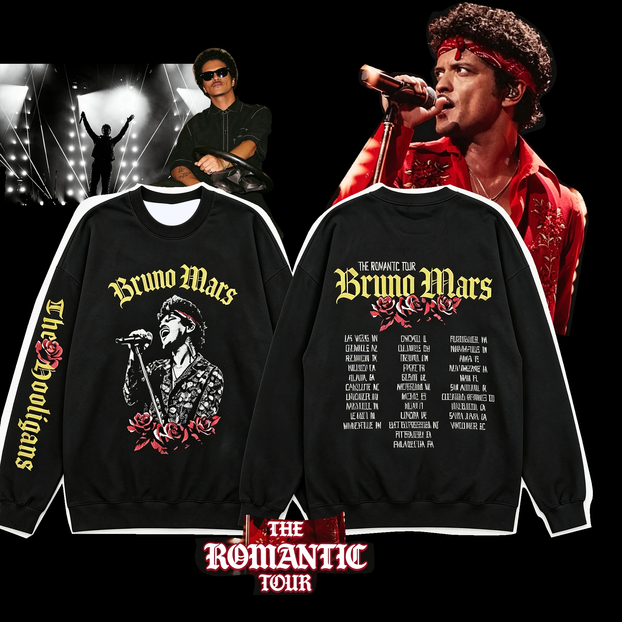 2026 new model Bruno Mars “The Romantic Tour” New Rose and Tour City Printed Black Long Sleeve Hoodie，Limited surrounding