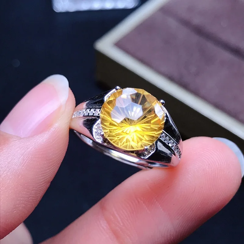 Elegant Silver 925 Ring for Men Natural Citrine Gemstone Husband Boyfriend Jewelry Gift Fine with Certificate Adjustable Size