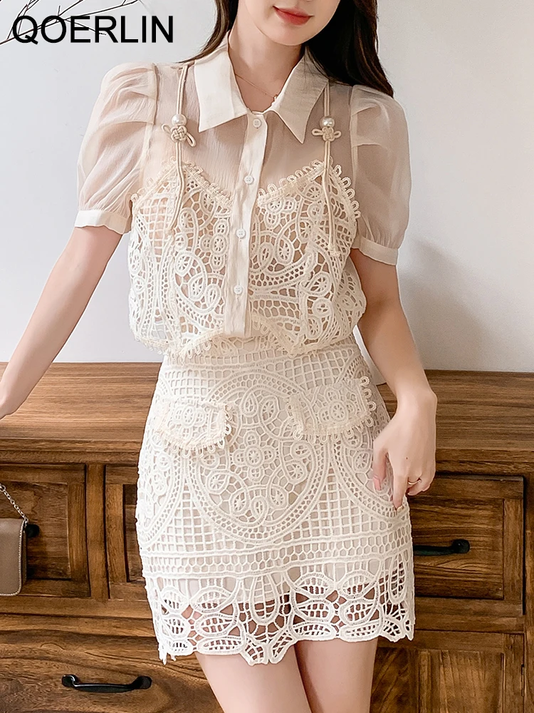 

QOERLIN Two Piece Lace Hollow Out Skirts Sets Short Sleeve Mesh Blouse Summer 2 Piece Short Mini Skirt Sexy Loose Casual Suits