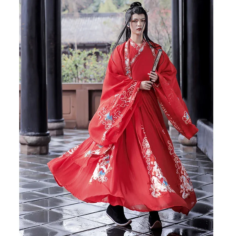 3PCS Suit 6M Chinese Style Ancient Traditional Hanfu Dress Man Woman Oriental Wedding Costume 3-color Exquisite Embroidery Hanfu