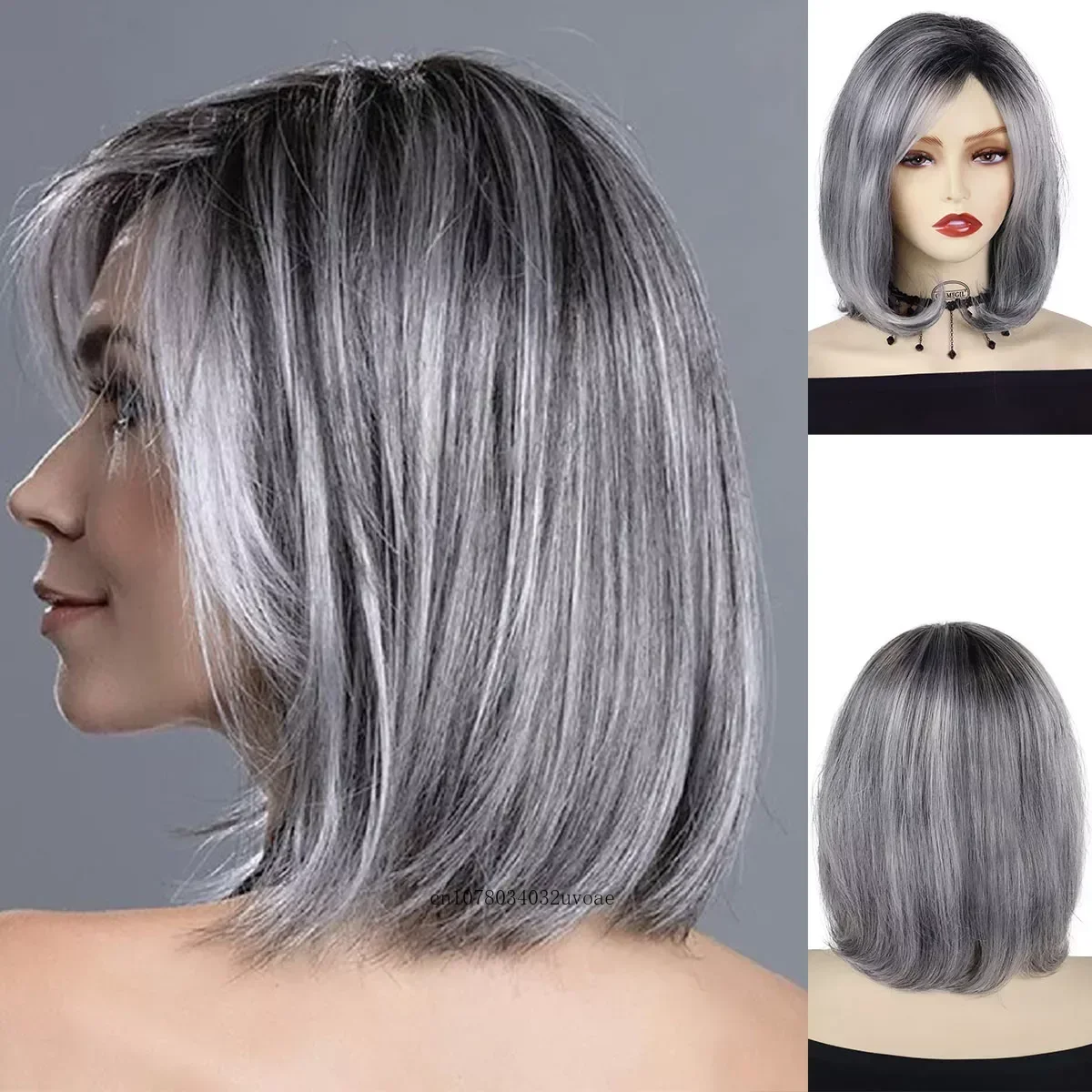 Short Grey Wig Natural Synthetic Bob Wigs Dark Root Seniors Women Wig Natural Haircuts Trendy Elderly Curly Hair Ombre Color Wig