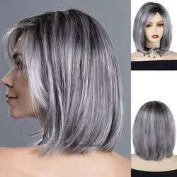 Peluca corta de Color gris para mujer mayor, pelo sintético Natural, corte de pelo Natural, Color degradado