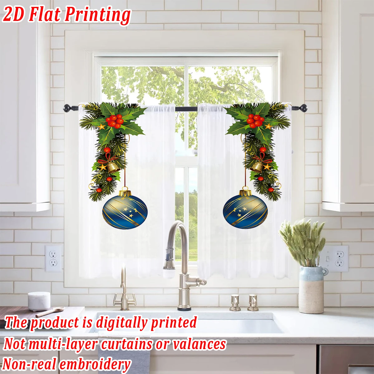 Christmas Flat Printing Kitchen Sheer Curtain with Merry Christmas Ball Mistletoe Pine Branch For Christmas Home Decor  Party