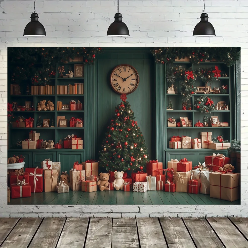 Vintage Bookshelf Christmas Backdrop Teddy Bear Clock for Nostalgic Green Room Backdrop Decor Winter Kids Birthday Photo Studio
