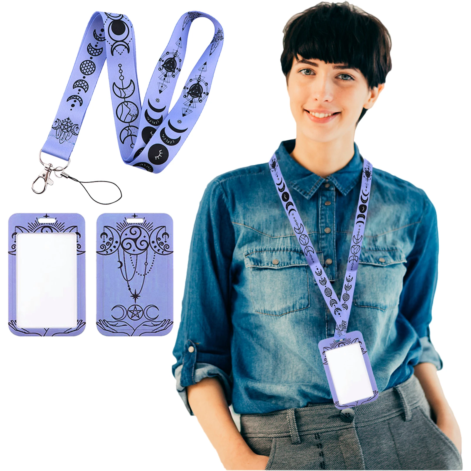 ABS Keys With Lanyard Sun Moon Vertical Aesthetic Card Protector Neck Strap Detachable Lightweight Badge Holder Waterproof