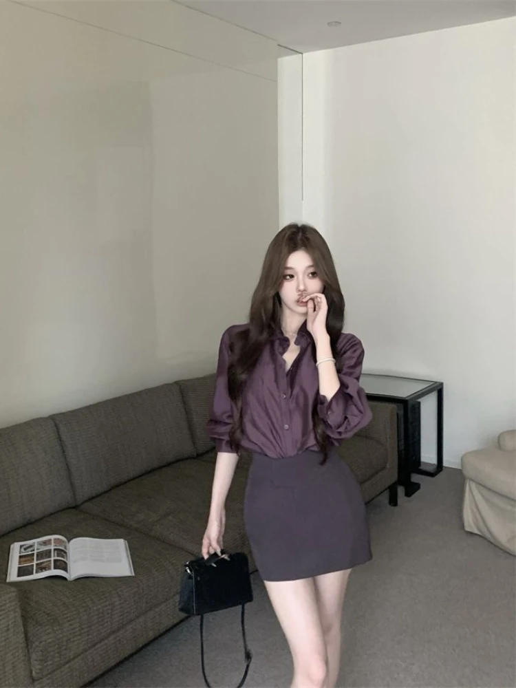 

Elegant Purple Polo Collar Long Sleeve Shirt And Skirt Women 2026 Summer New Arrival Korean Style Fashionable Trendy Set