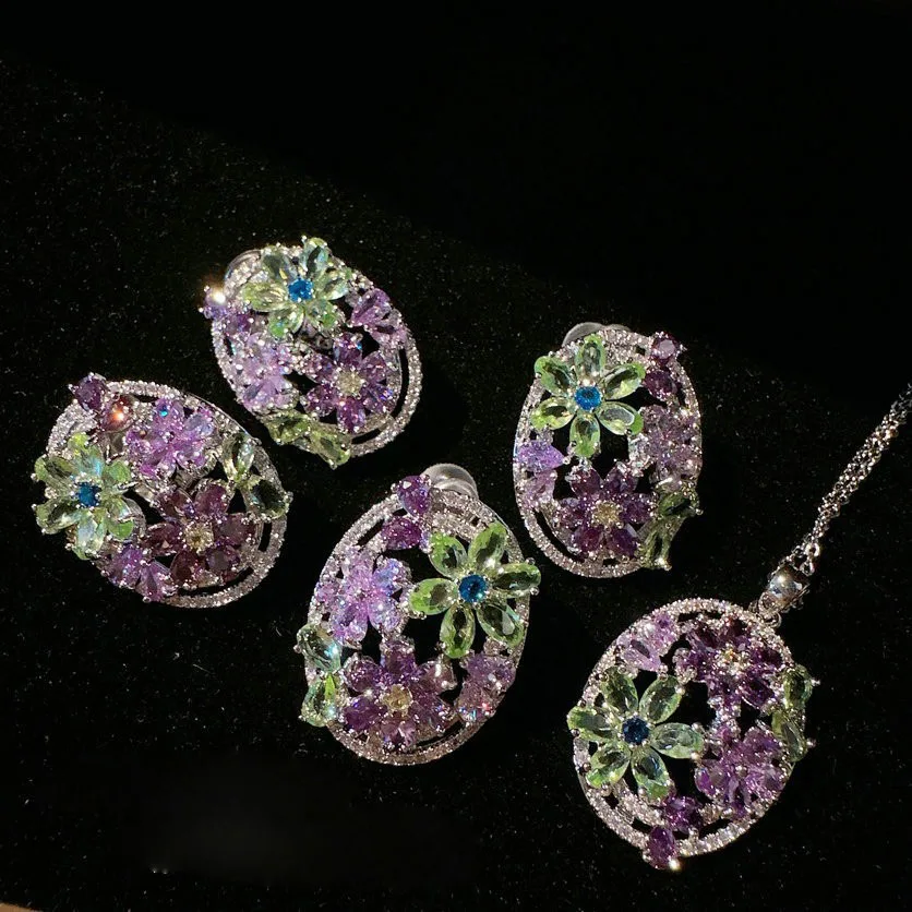 

2023 Women Margaret Sunflower Jewel Earrings Sotheby's 18K Gold Plated Rainbow Mint Flower Zircon Necklace