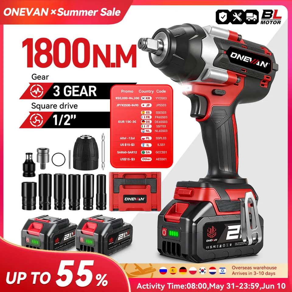 ONEVAN 1800N.M ブラシレス電動インパクトレンチ 1/2インチ リチウム