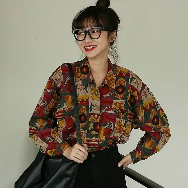 Blouses Shirts Women Printed Loose Spring Autumn All-match Fashion Harajuku Streetwear Students Vintage Retro Femme Shirt New