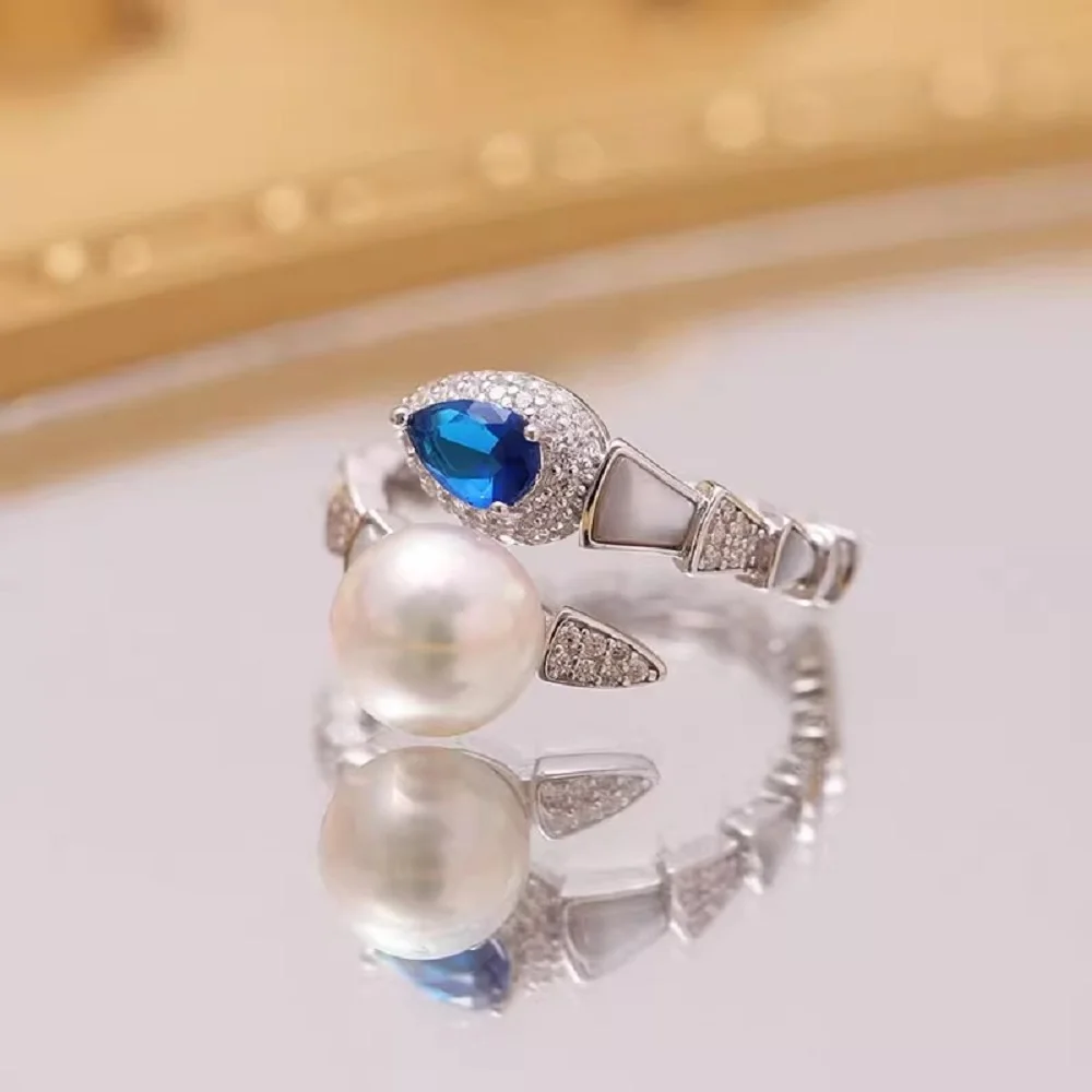 

925s pure silver inlaid with white pearls, new snake ring holder, adjustable ring, AAAA 8-9mm 9-10mm