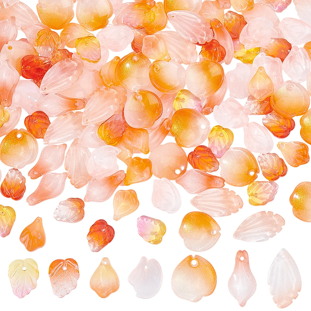 1 Box 140pcs 7 Styles Orange Red Flower Petal Beads Leaf Transparent Flowers Petals Glass Floral Leaves Spacer Bead Charm