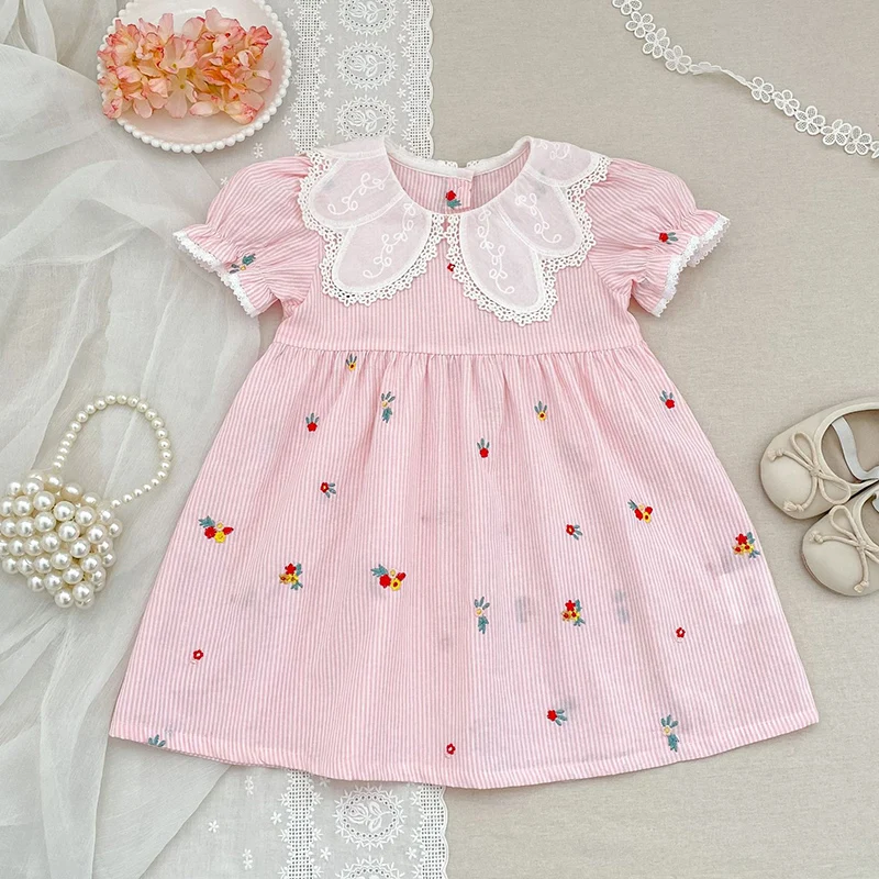 2026 New Summer Kids Princess Dress Short Sleeved Cotton Embroidery Splicing 2-6Yrs Baby Girl Party Dress Children Clothes