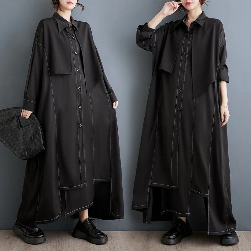 

k Sle Oversized Splice irt Dr Autumn Faion плюс размер Повседневная Высокая талия Длинный воротник све Обычный тонкий