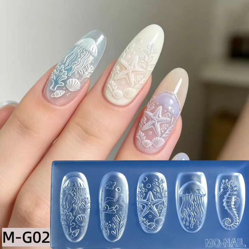 3D Embossed Ocean-Themed Nail Art Mold Customizable Summer Sea Animal Design Deep Sea Mystery Wearable Nail Tips