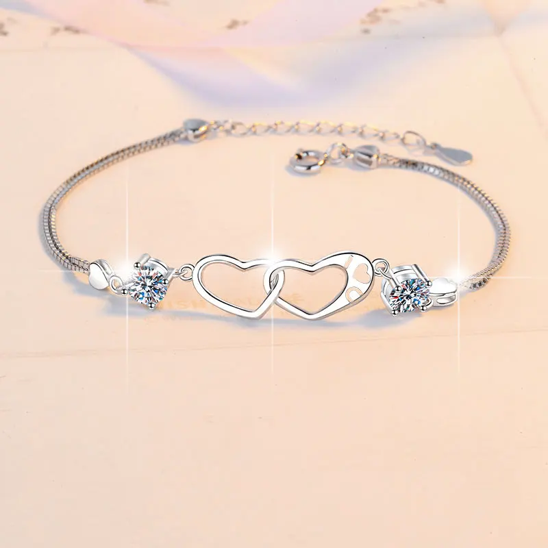 

Women's Romantic Heart-Shaped Double Loop Bracelet PT950 Platinum 1CT Moissanite Elegant High-End Gift Jewelry