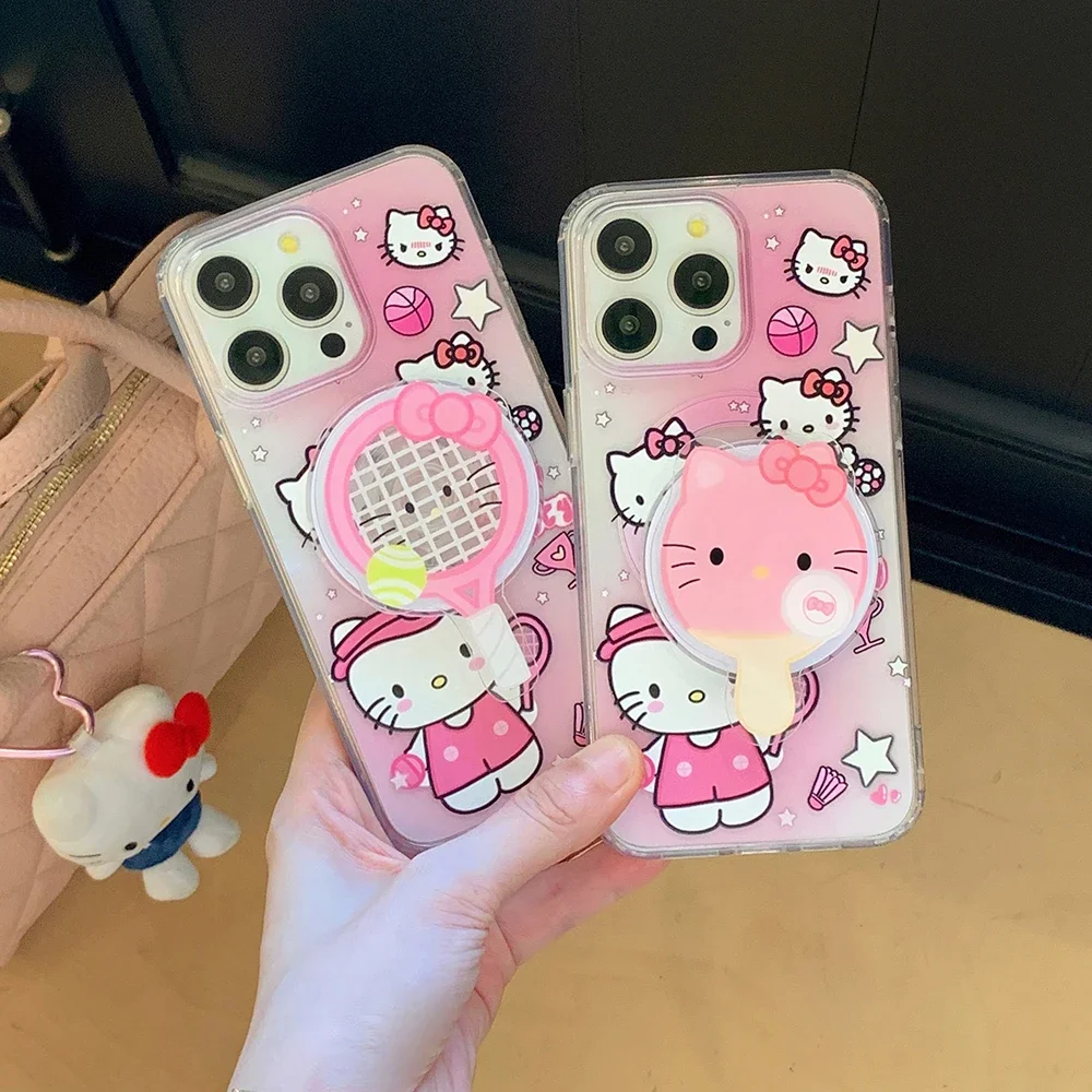 

Kawaii Pink Tennis Hello Kitty for Magsafe Magnetic Bracket Phone Case for IPhone 16 15 14 13 12 11 Pro Max Plus Back Cover Gift