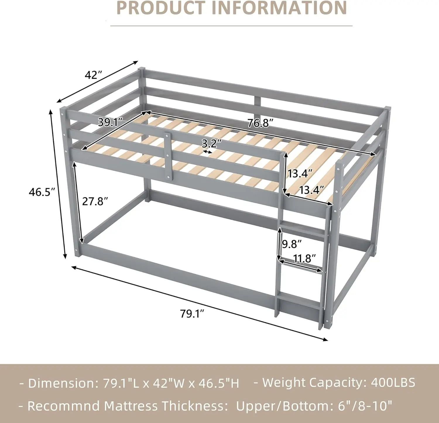 Bunk Bed Twin Over Twin, Floor Bunk Bed w Ladder, Safety Guard Rails, 400LBS Heavy Duty Wooden Twin Bunk Beds Low Bunkbeds No Bo